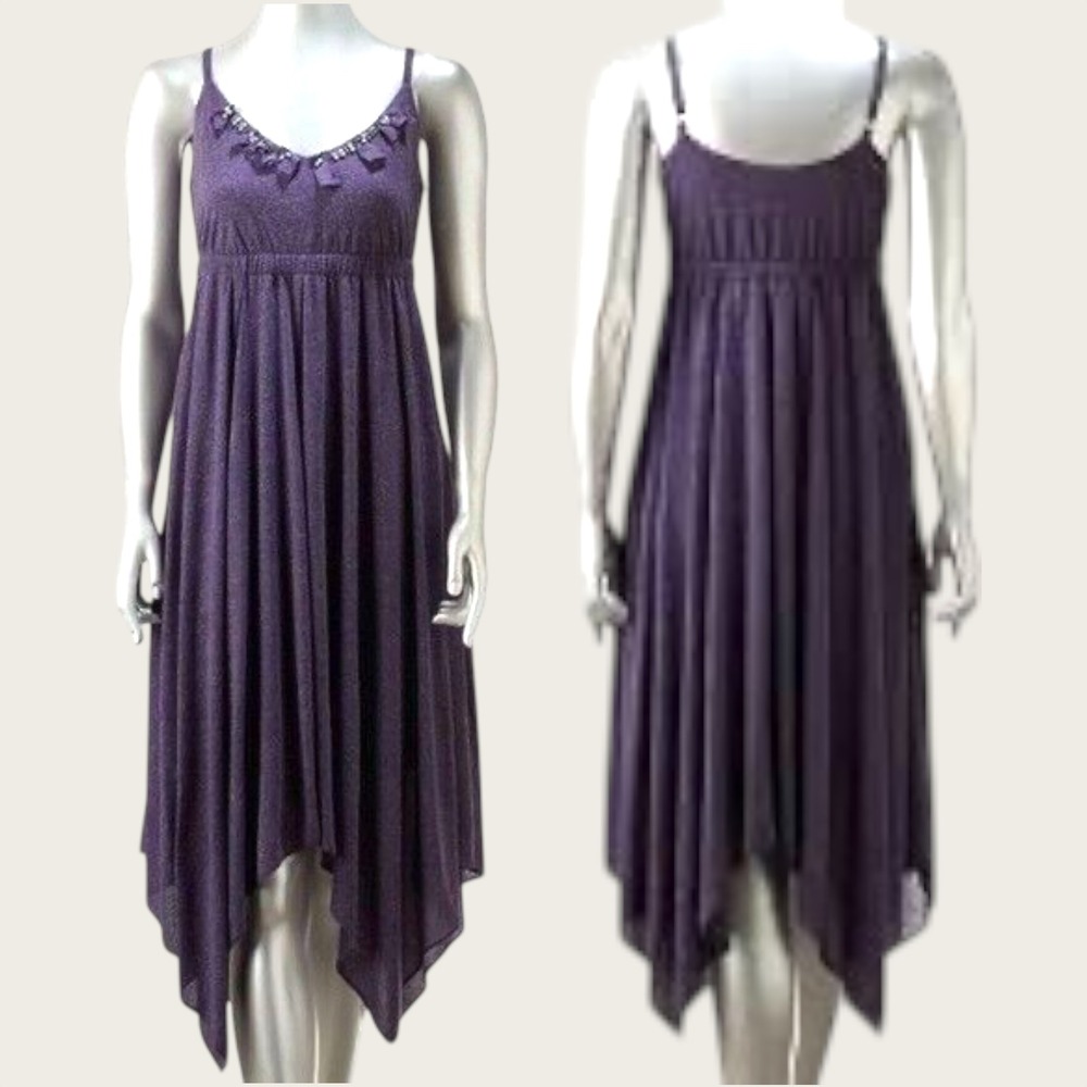 Simply Vera Wang Purple Embellished Handkerchief Hem Dress‎ Sz L Linen Blend